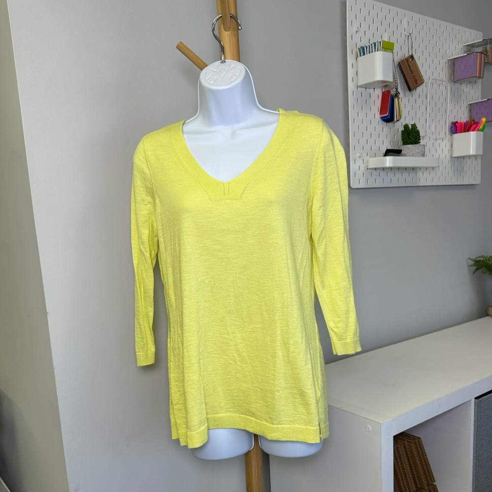 Talbots SLUB COTTON V-NECK SWEATER - SOLID Lemon/lime Sz Small - Picture 3 of 7
